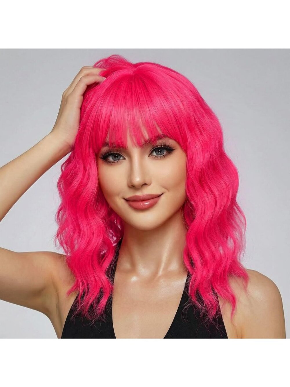 Women's Hot Pink 14 Inch Short Shoulder Length Synthetic Bangs Wavy Bob Wig